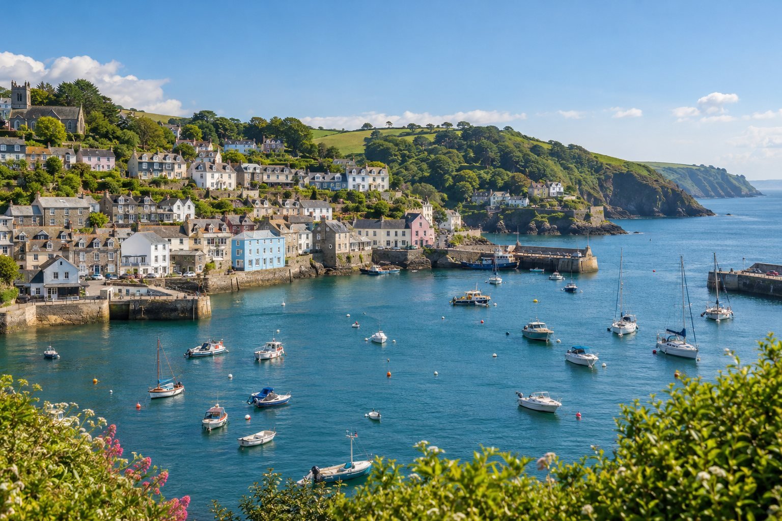 Illustrative British coastal harbour and hillside houses