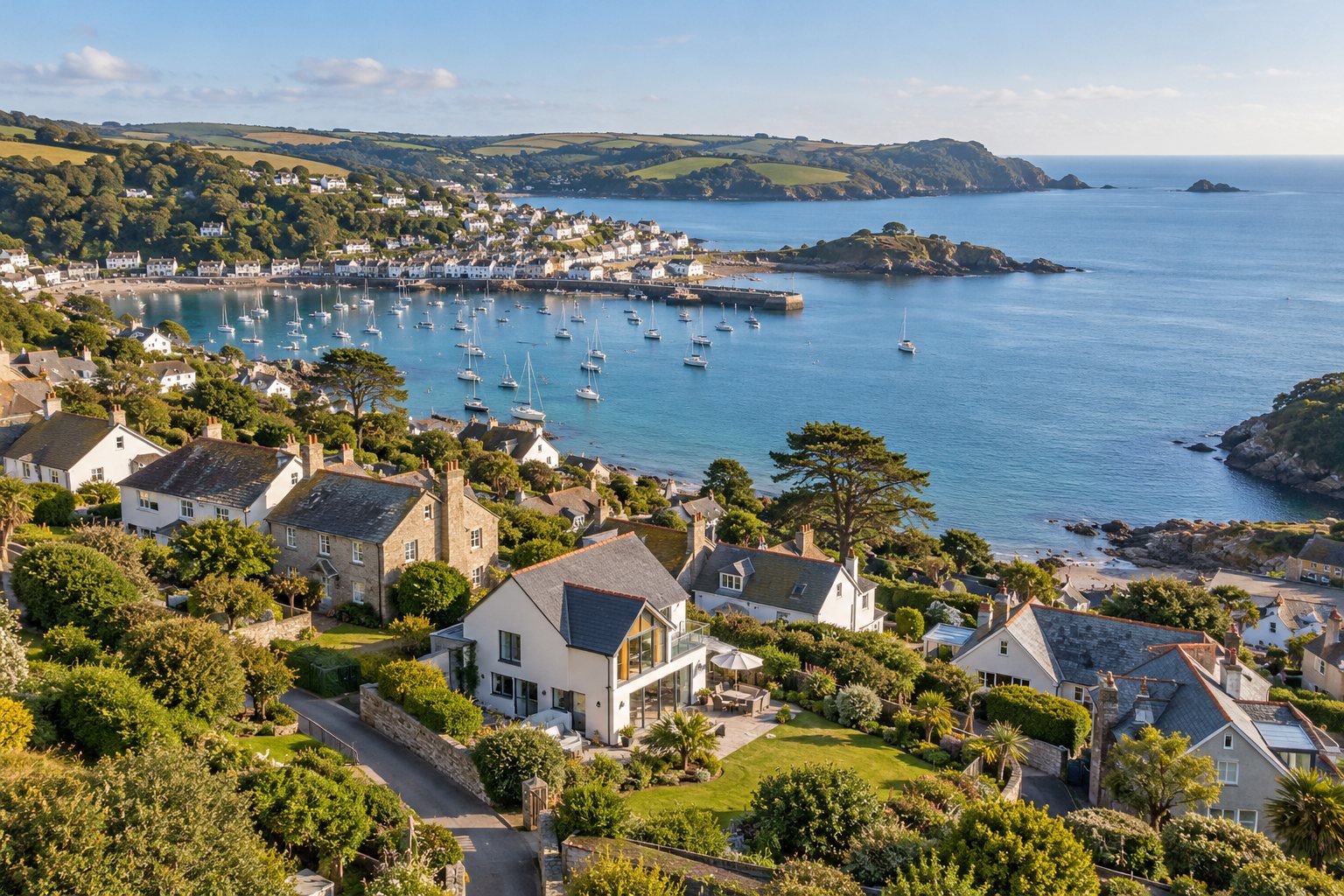 Illustrative aerial view of coastal homes and a harbour
