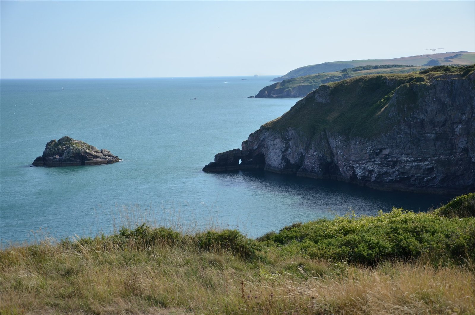 Blue sea, rocky cliffs and coastal grassland in South Devon