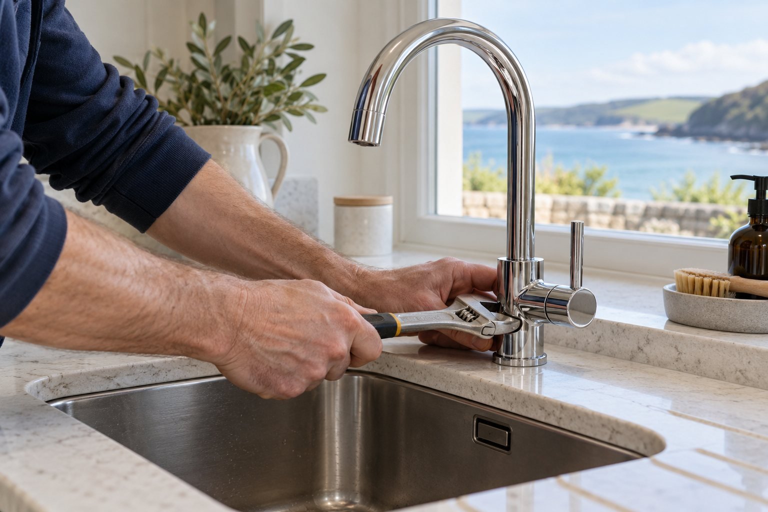 Illustrative maintenance worker adjusting a kitchen tap