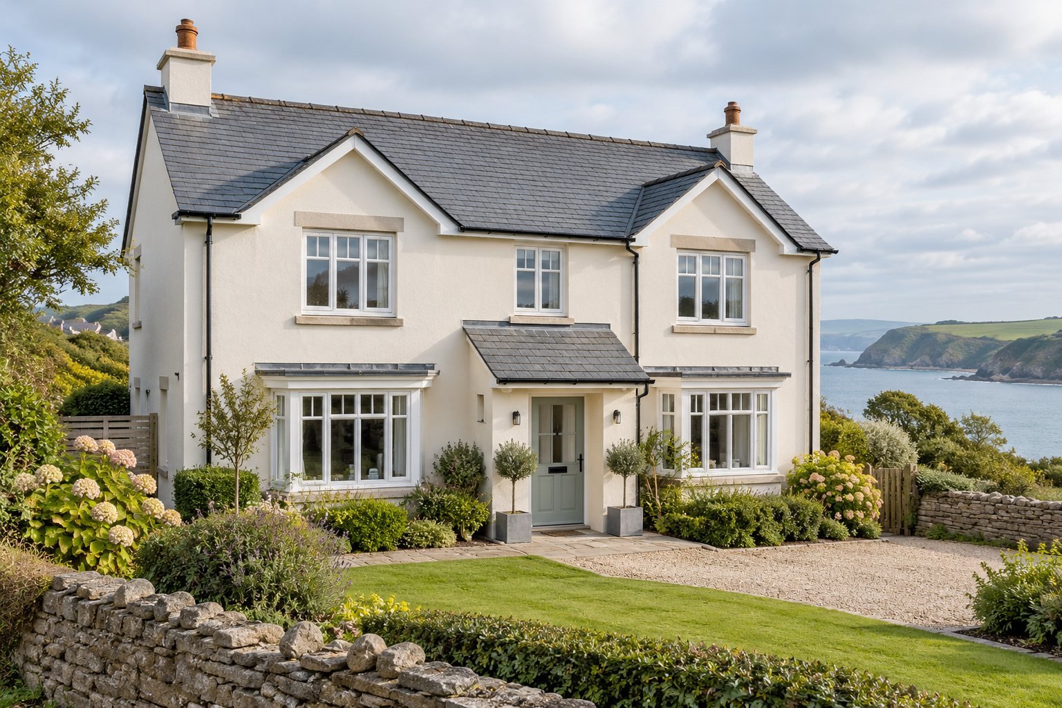 Illustrative well-maintained coastal house and garden