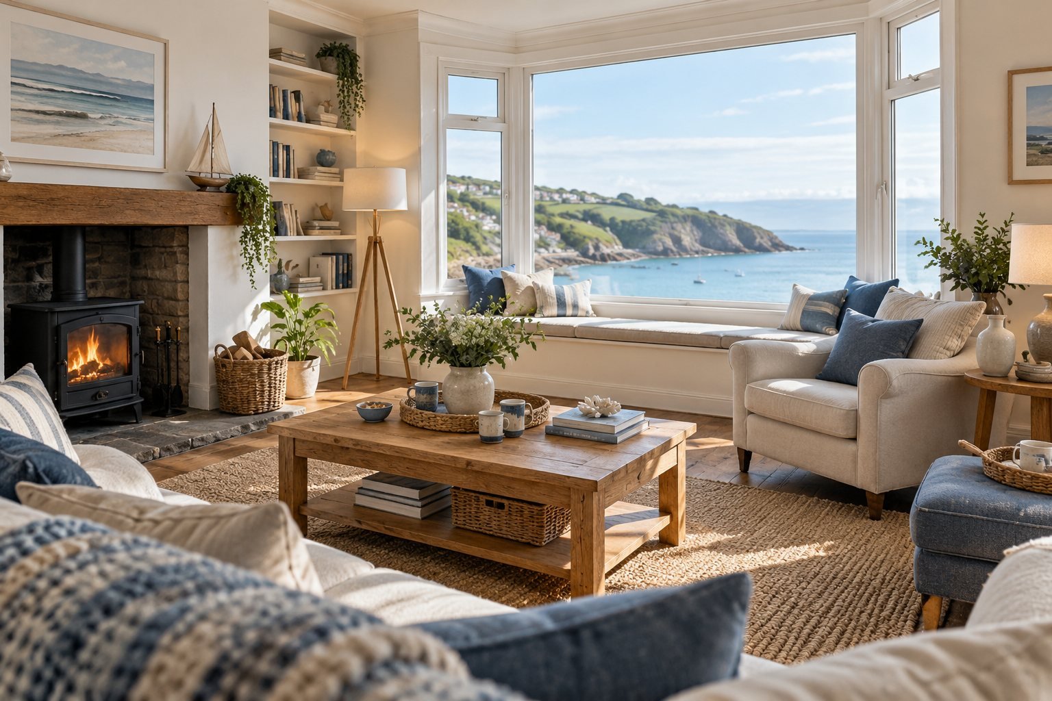 Illustrative furnished coastal rental living room